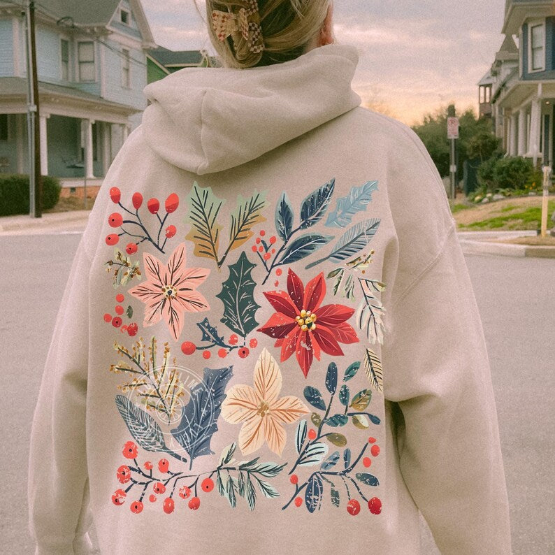Boho Floral Christmas Hoodie, Womens Christmas Hoodie, Wildflower Hoodie, Aesthetic Hoodie Boho Christmas Coquette Christmas Girly Christmas
