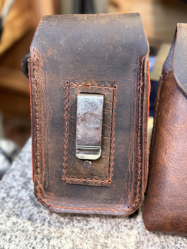 Handmade Leather Phone Case for Belt, Full Grain American Bison Holster, Made in USA