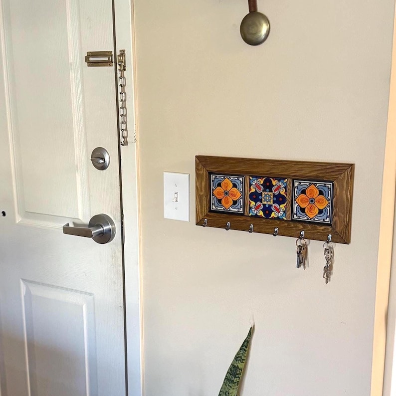 Wall Key Holder & 6 Keys Hooks, Rustic Storage Shelf Hook, Entryway Decor, Hall Tidy, Mail Organizer, Hanging Tiled Key Rack, Christmas Gift