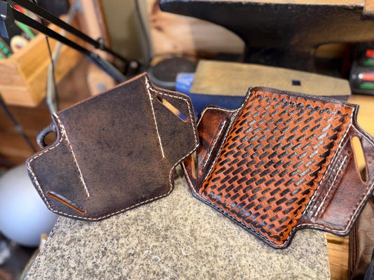 Leather Slant Phone Holster for Belt, Handmade Case, Brown Buffalo or Tooled Basket Weave, Full Grain Leather, Made in USA