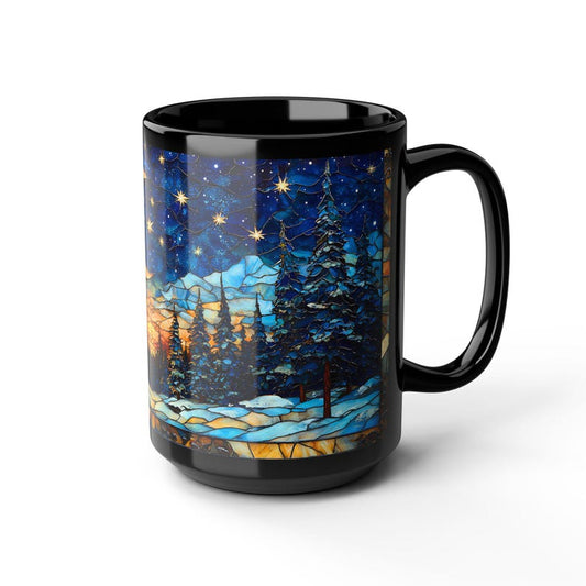 Mountain Forest Mug Stained Glass Style , Christmas Ceramic Coffee Cup  Crescent Moon Nature Landscape