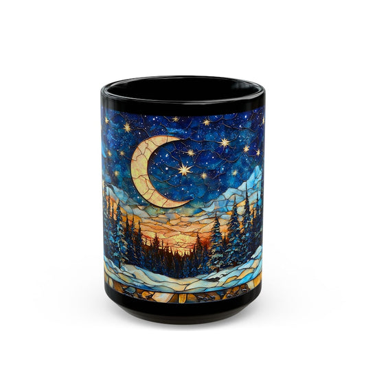 Mountain Forest Mug Stained Glass Style , Christmas Ceramic Coffee Cup  Crescent Moon Nature Landscape