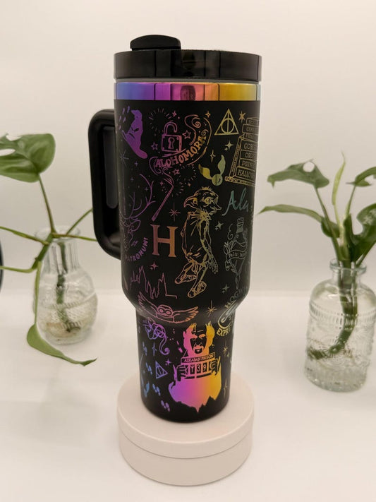 Magical 40 Oz Laser Engraved Tumbler | Witch and Wizard Tumbler | Fantasy Drinkware | Enchanted Tumbler | Spell book Travel Tumbler