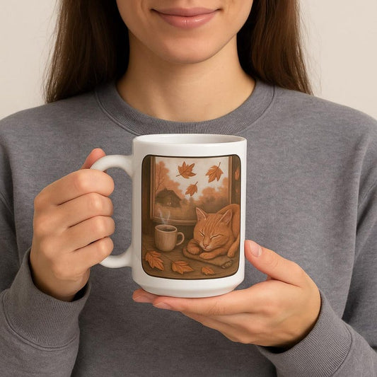 Warm Cozy Cat Mug: Autumn Coffee Vibes with Sleeping Tabby, Cabin View