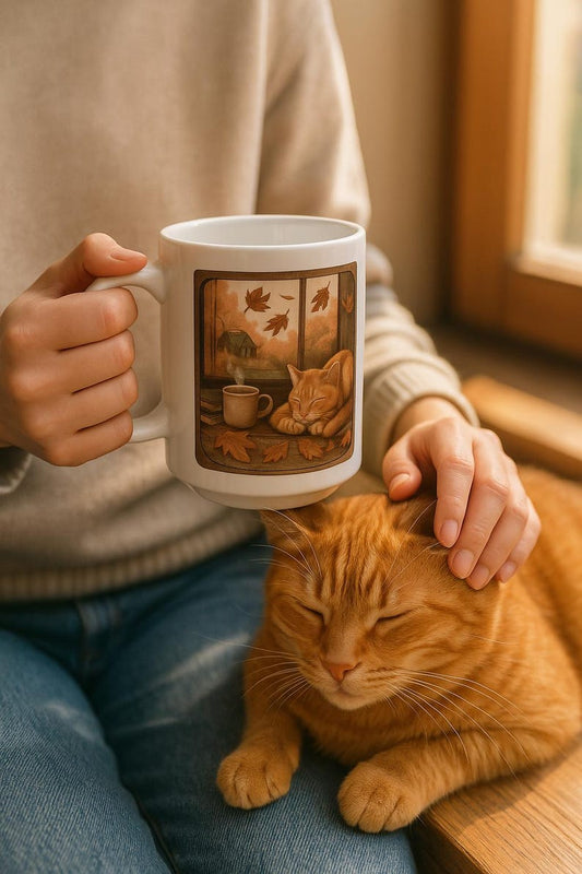 Warm Cozy Cat Mug: Autumn Coffee Vibes with Sleeping Tabby, Cabin View