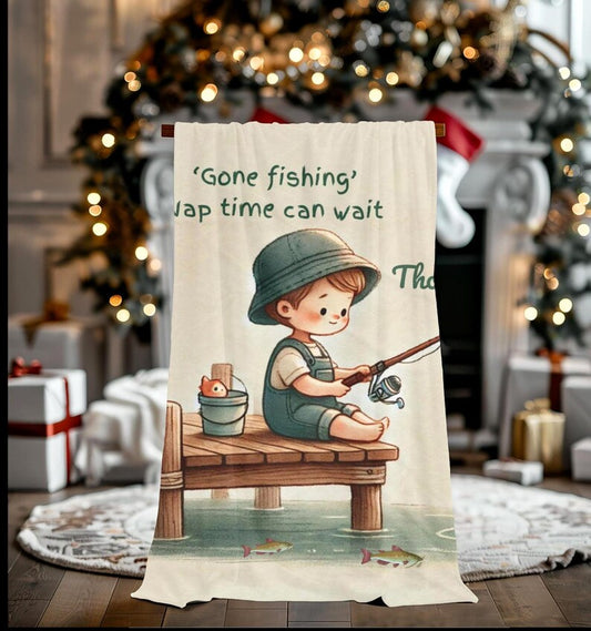 Gone Fishing Kids Blanket, Personalized Boy Fishing Blanket, Toddler Nap Blanket, Custom Name Blanket, Fisherman Nursery Gift
