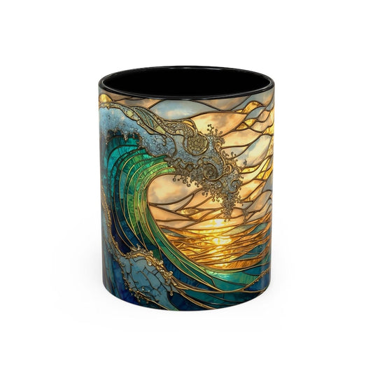 Stained Glass Style Ocean Wave In Sunrise Ceramic Coffee Mug For Nautical Lover