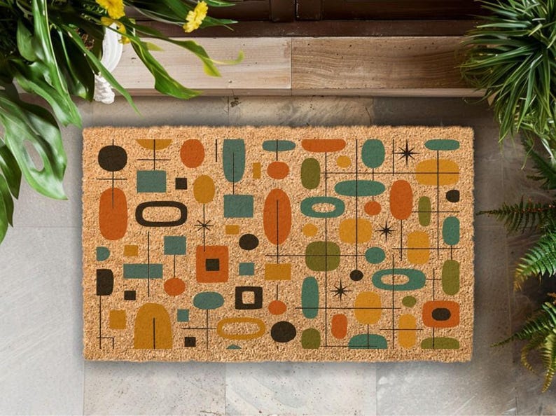 Mid Century Modern Coir Doormat, Geometric Retro Decor