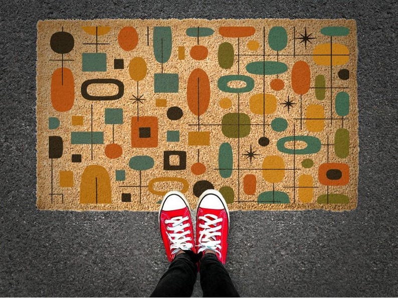 Mid Century Modern Coir Doormat, Geometric Retro Decor