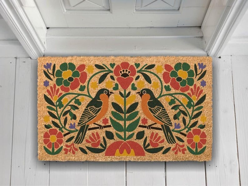 Folk Art Bird Coir Doormat, Floral Welcome Mat