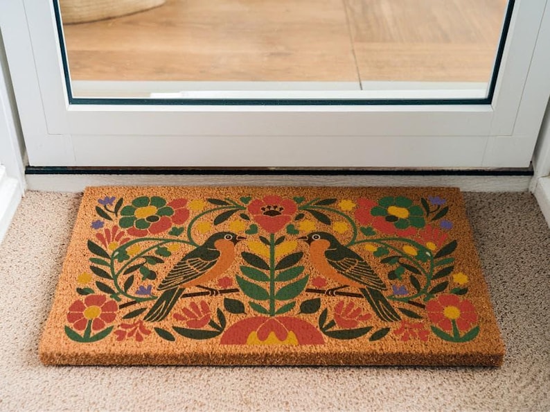 Folk Art Bird Coir Doormat, Floral Welcome Mat
