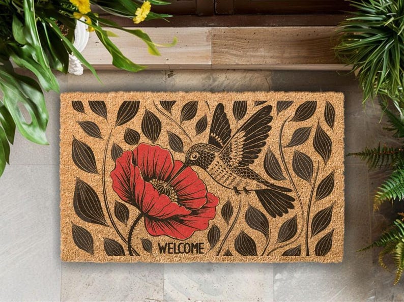 Hummingbird Poppy Coir Doormat, Nature Inspired Floral Entryway Rug