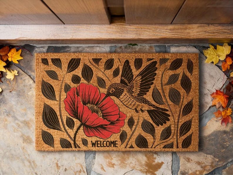 Hummingbird Poppy Coir Doormat, Nature Inspired Floral Entryway Rug