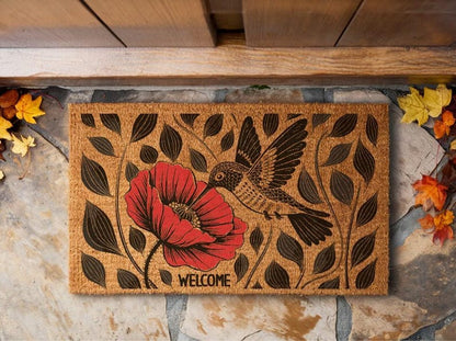 Hummingbird Poppy Coir Doormat, Nature Inspired Floral Entryway Rug