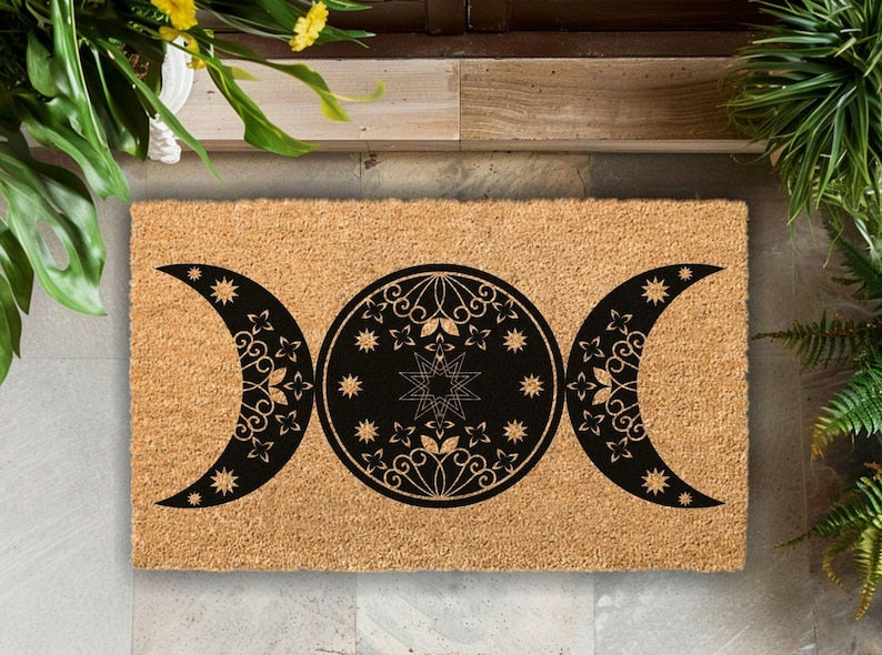 Triple Moon Doormat, Celestial Boho Wiccan Decor, Natural Coir Welcome Mat