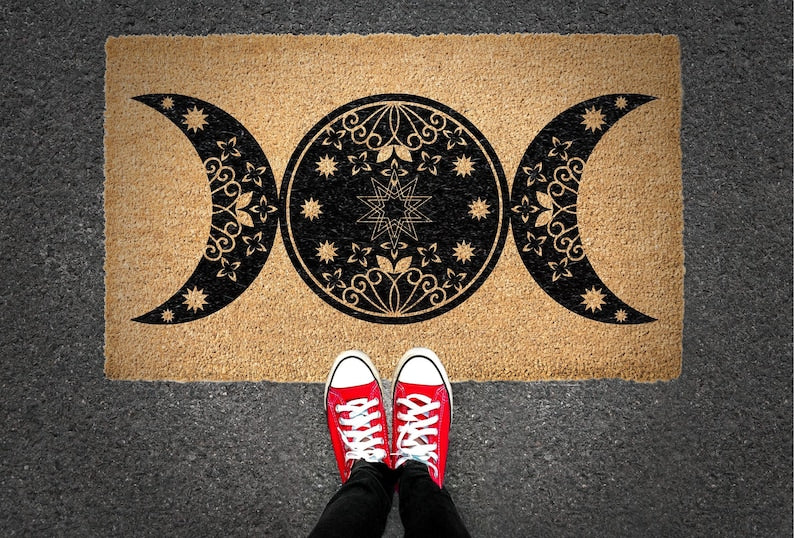 Triple Moon Doormat, Celestial Boho Wiccan Decor, Natural Coir Welcome Mat