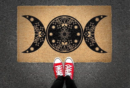 Triple Moon Doormat, Celestial Boho Wiccan Decor, Natural Coir Welcome Mat