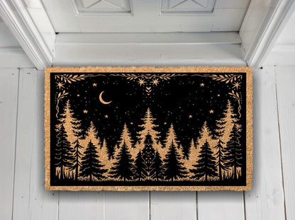 Rustic Coir Doormat, Woodland Pine Tree Night Sky Design