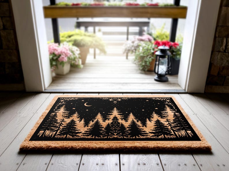 Rustic Coir Doormat, Woodland Pine Tree Night Sky Design