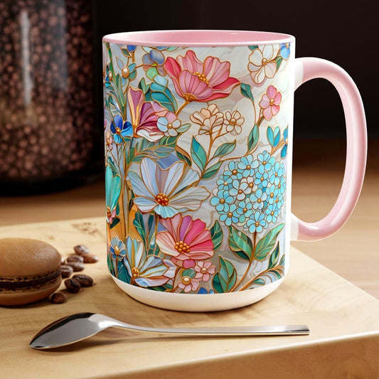 Floral Stained Glass Style Mug 15oz, Romantic Pastel Coffee Cup, Pink Wildflower Tea Mug, Flower Lover Gift, Aesthetic Floral Kitchen Decor