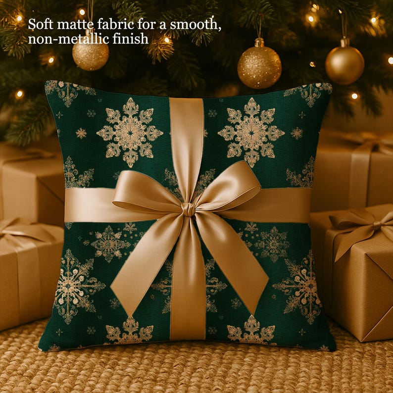 Christmas Gold Snowflakes Pillow Cover- Green Celestial Luxe Holiday Decor, Cabin Chic Throw Cushion Case, Winter Aesthetic Pillowcase Gift