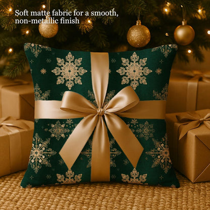Christmas Gold Snowflakes Pillow Cover- Green Celestial Luxe Holiday Decor, Cabin Chic Throw Cushion Case, Winter Aesthetic Pillowcase Gift