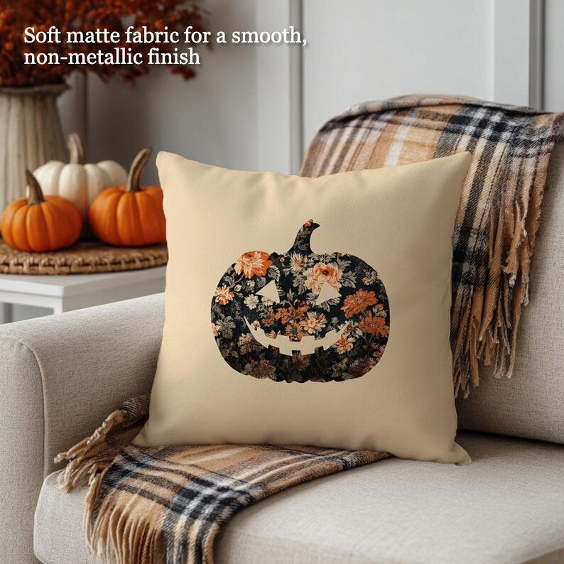 Jack-O'-Lantern Pumpkin Pillow Cover, Rustic Floral Fall Living Room, Decorative Cushion, Autumn Aesthetic Throw Case, Pillowcase Decor Gift