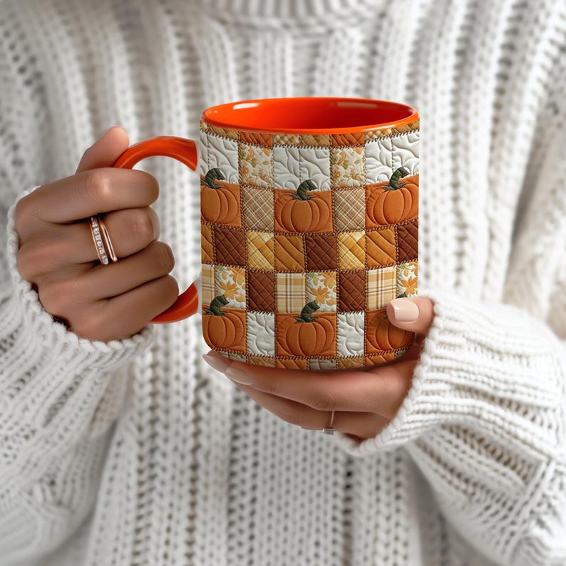 Autumn Pumpkin Mug: Rustic Faux Patchwork Thanksgiving Coffee Cup