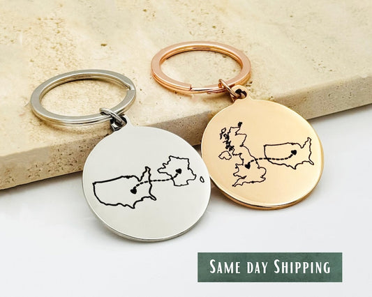 Engraved State Keychain, Long Distance Gift, Stainless Steel Couple Keychain
