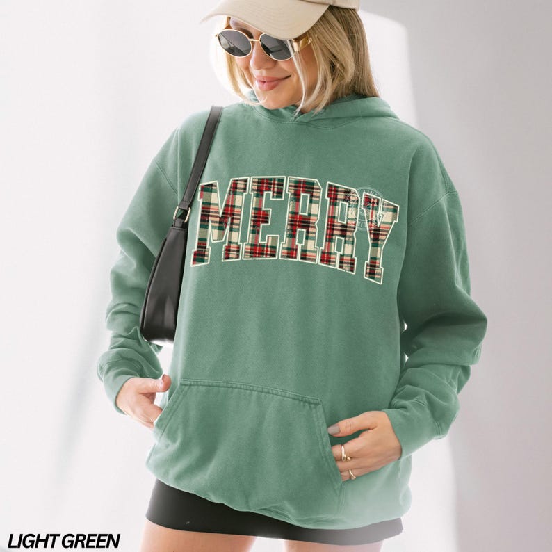 Comfort Colors® Christmas Hoodie, Plaid Merry Christmas Hoodie, Holiday Hoodie, Christmas Gift, Festive Holiday Sweatshirt, Preppy Christmas