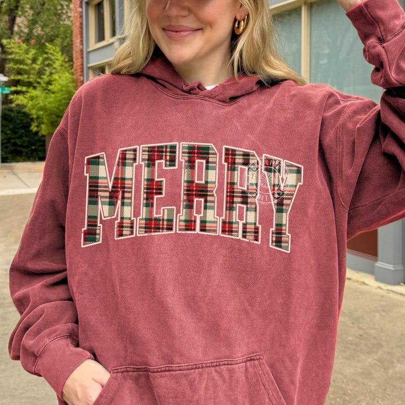 Comfort Colors® Christmas Hoodie, Plaid Merry Christmas Hoodie, Holiday Hoodie, Christmas Gift, Festive Holiday Sweatshirt, Preppy Christmas