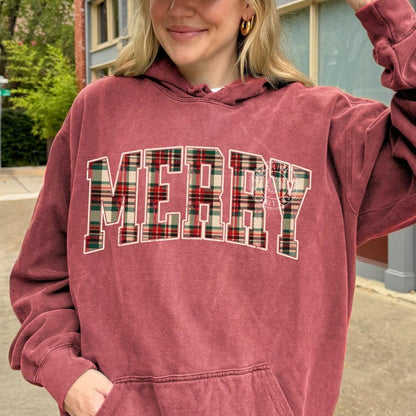 Comfort Colors® Christmas Hoodie, Plaid Merry Christmas Hoodie, Holiday Hoodie, Christmas Gift, Festive Holiday Sweatshirt, Preppy Christmas