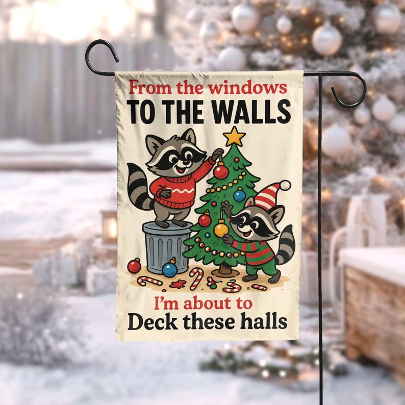 Funny Raccoon Christmas Garden Flag, “Deck These Halls” Holiday Yard Decor, Cute Animal Outdoor Decoration for Winter Lawn Display