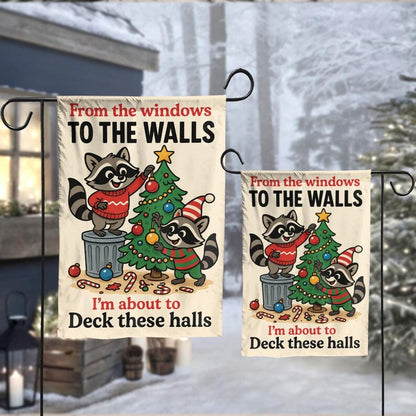 Funny Raccoon Christmas Garden Flag, “Deck These Halls” Holiday Yard Decor, Cute Animal Outdoor Decoration for Winter Lawn Display