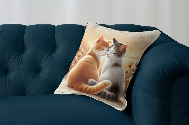 Cat Couple Cushion Cover – Double Sided Print | Romantic Cat Pillow | Cozy Home Décor | Gift for Cat Lovers