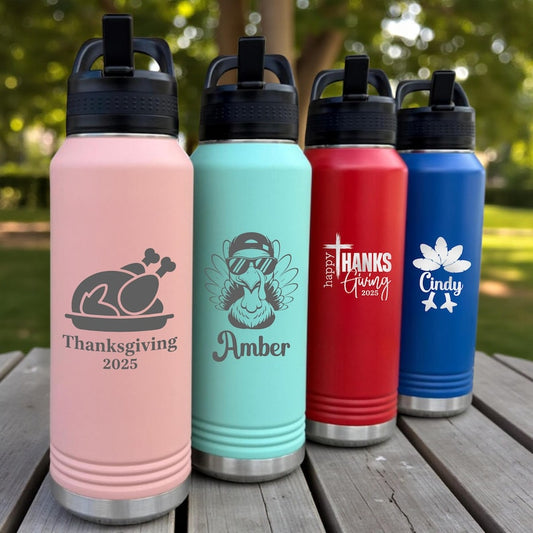Thanksgiving Water Bottle, Personalized Thanksgiving Party Cups, Custom Turkey Tumbler with straw and lid