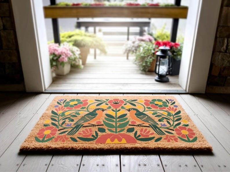 Folk Art Bird Coir Doormat, Floral Welcome Mat