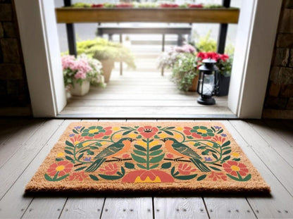 Folk Art Bird Coir Doormat, Floral Welcome Mat