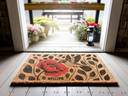 Hummingbird Poppy Coir Doormat, Nature Inspired Floral Entryway Rug