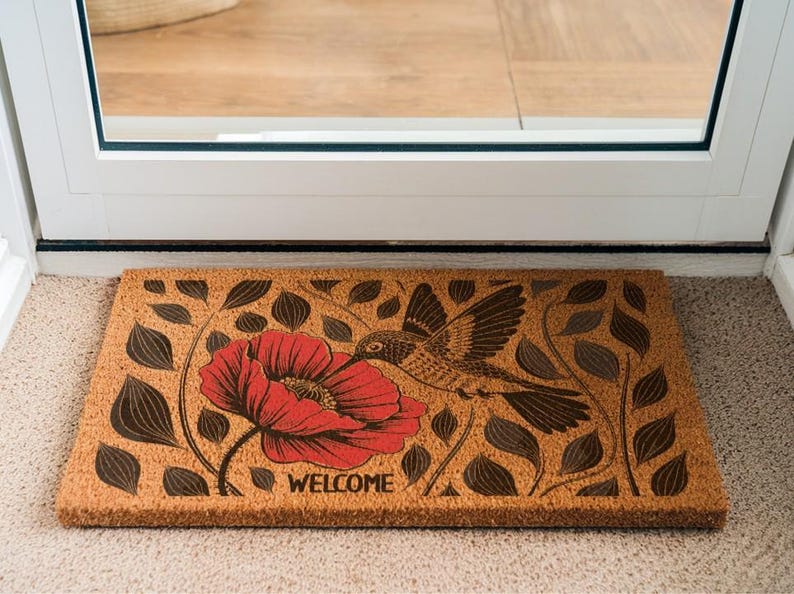 Hummingbird Poppy Coir Doormat, Nature Inspired Floral Entryway Rug