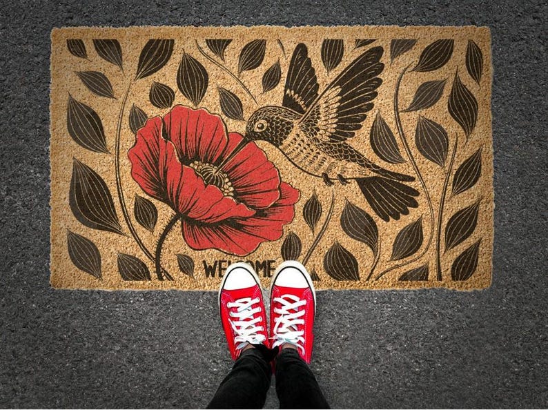 Hummingbird Poppy Coir Doormat, Nature Inspired Floral Entryway Rug