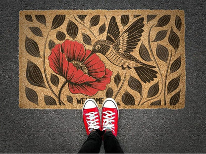 Hummingbird Poppy Coir Doormat, Nature Inspired Floral Entryway Rug