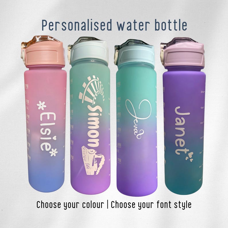 Personalised Motivational Water Bottle with Pop Up Straw and Time Markings, Leak Proof, BPA free
