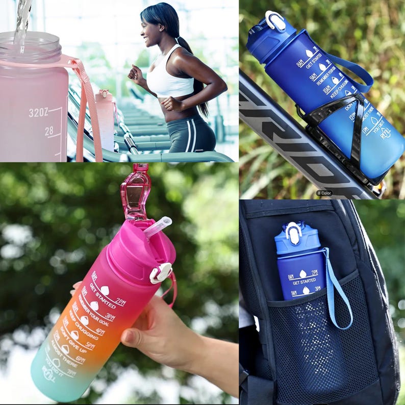 Personalised Motivational Water Bottle with Pop Up Straw and Time Markings, Leak Proof, BPA free