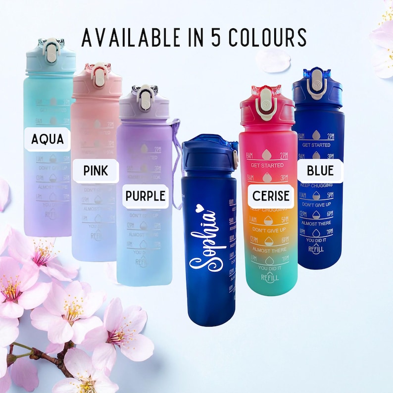 Personalised Motivational Water Bottle with Pop Up Straw and Time Markings, Leak Proof, BPA free