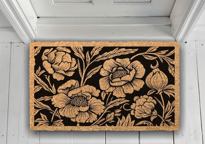Black Floral Coir Doormat, Vintage Botanical Welcome Mat, Natural Entryway Rug