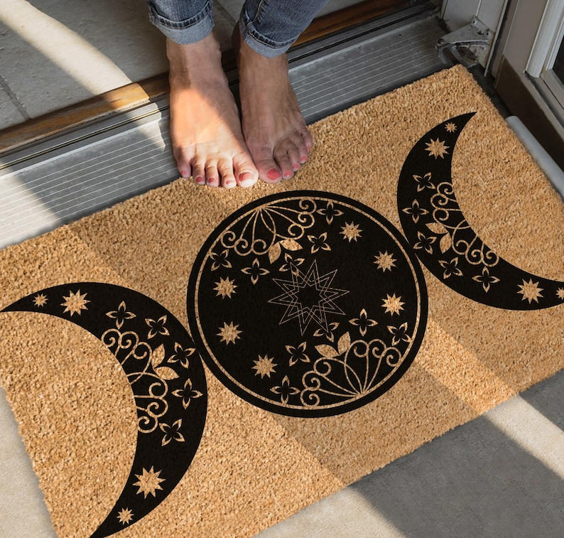 Triple Moon Doormat, Celestial Boho Wiccan Decor, Natural Coir Welcome Mat