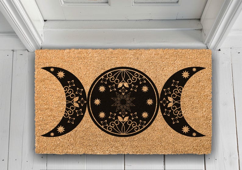 Triple Moon Doormat, Celestial Boho Wiccan Decor, Natural Coir Welcome Mat