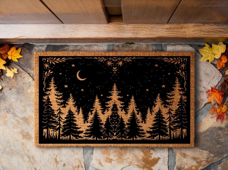 Rustic Coir Doormat, Woodland Pine Tree Night Sky Design