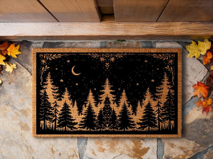 Rustic Coir Doormat, Woodland Pine Tree Night Sky Design